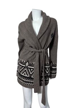 360 CASHMERE Wool Cashmere Belted Wrap Cardigan Sweater XS Taupe Geometric South
